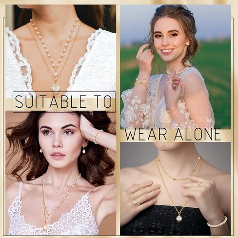 Tondiamo 17 Pcs Gold Pearl Rhinestone Jewelry Set for Women Gold Plated Pearl Layer Charm Necklace Bracelets Earrings Rings Trendy Jewelry Set for Women Valentine's Day Wedding Gifts in Saudi Arabia