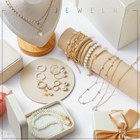 Tondiamo 17 Pcs Gold Pearl Rhinestone Jewelry Set for Women Gold Plated Pearl Layer Charm Necklace Bracelets Earrings Rings Trendy Jewelry Set for Women Valentine's Day Wedding Gifts in Saudi Arabia