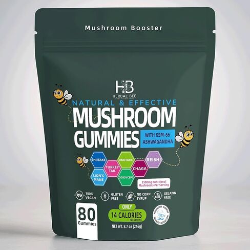 Organic Ashwagandha & Lions Mane Mushroom Gummies - Reishi, Cordyceps, Turkey Tail, Maitake, Shitake & Chaga, Immune Support & defense, Brain Boost, Vegan, All-in-One Superfood supplement | 80 gummies in Saudi Arabia