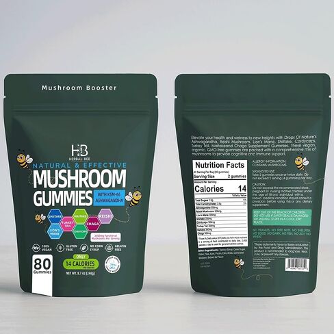 Organic Ashwagandha & Lions Mane Mushroom Gummies - Reishi, Cordyceps, Turkey Tail, Maitake, Shitake & Chaga, Immune Support & defense, Brain Boost, Vegan, All-in-One Superfood supplement | 80 gummies in Saudi Arabia