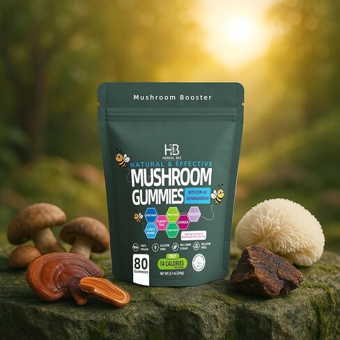 Organic Ashwagandha & Lions Mane Mushroom Gummies - Reishi, Cordyceps, Turkey Tail, Maitake, Shitake & Chaga, Immune Support & defense, Brain Boost, Vegan, All-in-One Superfood supplement | 80 gummies in Saudi Arabia