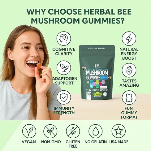 Organic Ashwagandha & Lions Mane Mushroom Gummies - Reishi, Cordyceps, Turkey Tail, Maitake, Shitake & Chaga, Immune Support & defense, Brain Boost, Vegan, All-in-One Superfood supplement | 80 gummies in Saudi Arabia