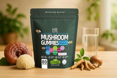 Organic Ashwagandha & Lions Mane Mushroom Gummies - Reishi, Cordyceps, Turkey Tail, Maitake, Shitake & Chaga, Immune Support & defense, Brain Boost, Vegan, All-in-One Superfood supplement | 80 gummies in Saudi Arabia