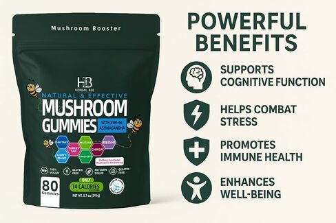 Organic Ashwagandha & Lions Mane Mushroom Gummies - Reishi, Cordyceps, Turkey Tail, Maitake, Shitake & Chaga, Immune Support & defense, Brain Boost, Vegan, All-in-One Superfood supplement | 80 gummies in Saudi Arabia
