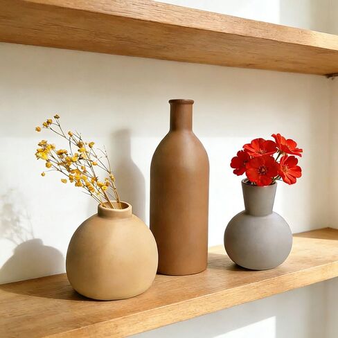 White Ceramic Vase Set of 3 - Small Modern Minimalist Ceramic Bud Vases for Home Decor - Boho Aesthetic Flower Vases for Desk, Shelf & Table, Mantle, Bookshelf (Cute & Versatile) in Kuwait