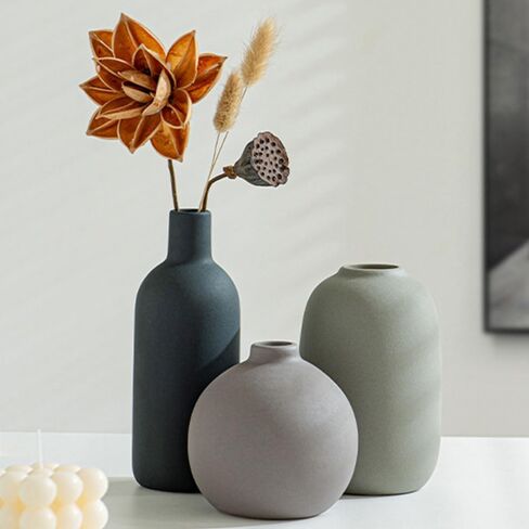 White Ceramic Vase Set of 3 - Small Modern Minimalist Ceramic Bud Vases for Home Decor - Boho Aesthetic Flower Vases for Desk, Shelf & Table, Mantle, Bookshelf (Cute & Versatile) in Kuwait