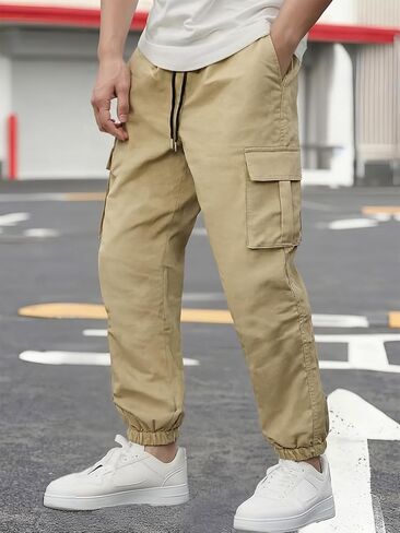 Men's Cargo Pants with Drawstring Waist & Multiple Pockets, Casual Workwear Trousers for Young Men in Saudi Arabia