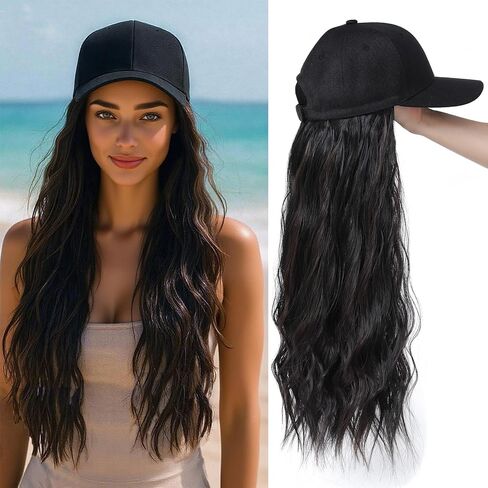 Baseball Cap Wig Long Natural Wavy Hair Extensions With Hat Heat Resistant Synthetic ombre body wave Hairpieces Adjustable Wig for Women Girls (B-black brown light brown) in Saudi Arabia