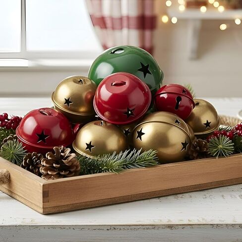 Zhengmy 12 Pack Large Size Christmas Star Cutout Bells Ornament Jumbo Vintage Rustic Metal Sleigh Bell with Plaid Ribbon Jute Twine for Christmas Tree Hanging Holiday Party Farmhouse(Green, Red, Gold) in Saudi Arabia