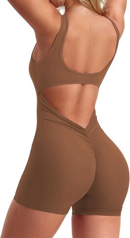 One Piece Workout Jumpsuits for Women Backless Tummy Control Sleeveless V Back Scrunch Yoga Romper in Saudi Arabia