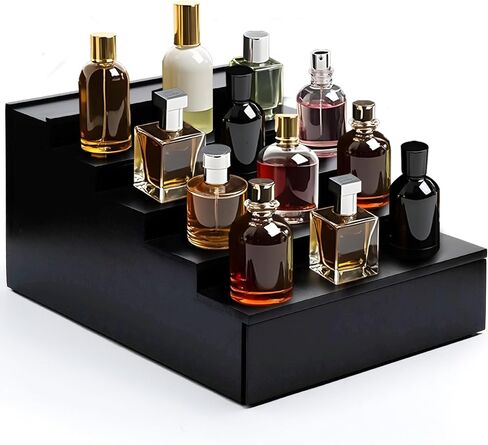 Topnotch Timber Set of Solid Wood 5-Tier Cologne Organizer & Vanity Tray | Large Capacity, Sturdy No-Bow, Matte Black | Hidden Watch & Jewelry Drawer | Elevate His Décor - Gift for Him in Saudi Arabia