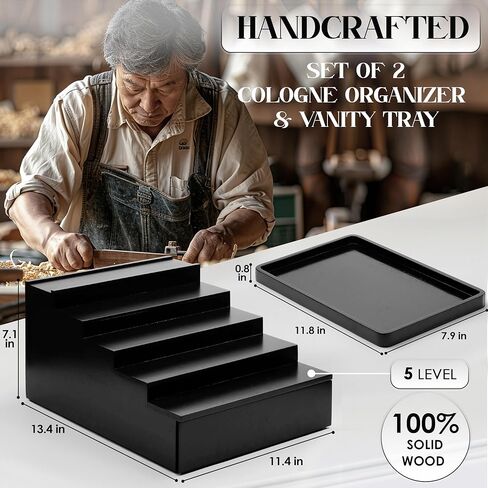 Topnotch Timber Set of Solid Wood 5-Tier Cologne Organizer & Vanity Tray | Large Capacity, Sturdy No-Bow, Matte Black | Hidden Watch & Jewelry Drawer | Elevate His Décor - Gift for Him in Saudi Arabia