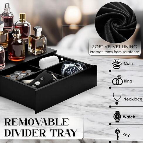 Topnotch Timber Set of Solid Wood 5-Tier Cologne Organizer & Vanity Tray | Large Capacity, Sturdy No-Bow, Matte Black | Hidden Watch & Jewelry Drawer | Elevate His Décor - Gift for Him in Saudi Arabia