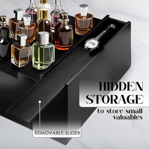 Topnotch Timber Set of Solid Wood 5-Tier Cologne Organizer & Vanity Tray | Large Capacity, Sturdy No-Bow, Matte Black | Hidden Watch & Jewelry Drawer | Elevate His Décor - Gift for Him in Saudi Arabia