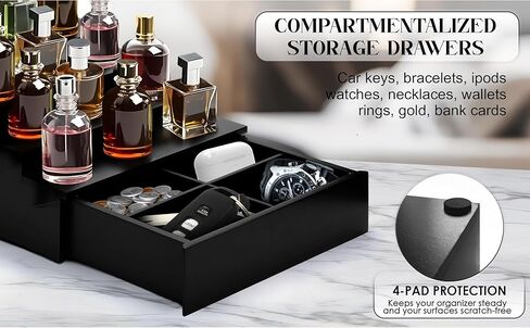 Topnotch Timber Set of Solid Wood 5-Tier Cologne Organizer & Vanity Tray | Large Capacity, Sturdy No-Bow, Matte Black | Hidden Watch & Jewelry Drawer | Elevate His Décor - Gift for Him in Saudi Arabia