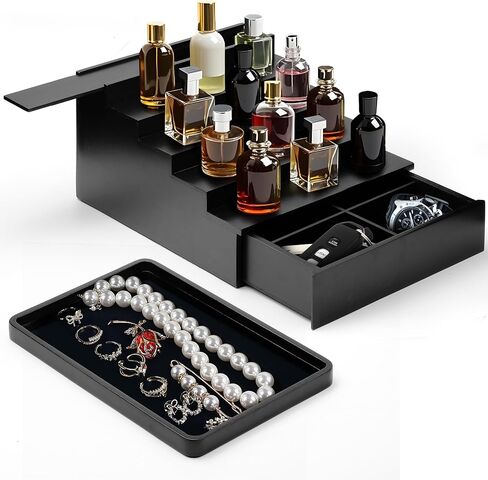 Topnotch Timber Set of Solid Wood 5-Tier Cologne Organizer & Vanity Tray | Large Capacity, Sturdy No-Bow, Matte Black | Hidden Watch & Jewelry Drawer | Elevate His Décor - Gift for Him in Saudi Arabia
