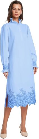 Womens Button Down Shirt Dress Long Sleeve Casual Flower Embroidery Slit Midi Dresses in Saudi Arabia