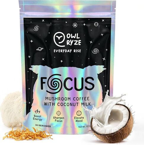 OwlRyze Mushroom Coffee Focus with Coconut Milk and 6 Adaptogenic Mushrooms, MCT Oil, Premium Instant Coffee for Better Energy, Focus, Digestion, Immunity with Lions Mane & Turkey Tail, 30 servings in Saudi Arabia
