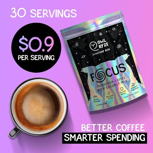 OwlRyze Mushroom Coffee Focus with Coconut Milk and 6 Adaptogenic Mushrooms, MCT Oil, Premium Instant Coffee for Better Energy, Focus, Digestion, Immunity with Lions Mane & Turkey Tail, 30 servings in Saudi Arabia
