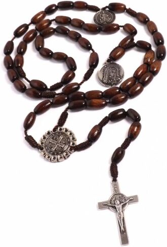Wooden Rosary for Praying of brown wooden rice shape beads, Saint Benedict junction and Crucifix. in Saudi Arabia