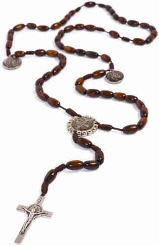 Wooden Rosary for Praying of brown wooden rice shape beads, Saint Benedict junction and Crucifix. in Saudi Arabia
