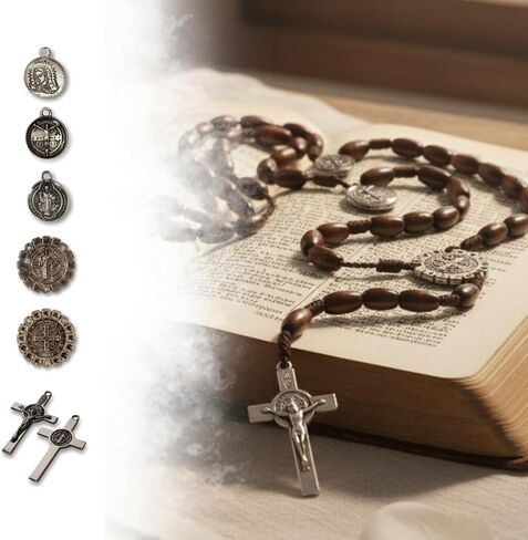 Wooden Rosary for Praying of brown wooden rice shape beads, Saint Benedict junction and Crucifix. in Saudi Arabia