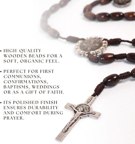 Wooden Rosary for Praying of brown wooden rice shape beads, Saint Benedict junction and Crucifix. in Saudi Arabia