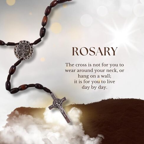 Wooden Rosary for Praying of brown wooden rice shape beads, Saint Benedict junction and Crucifix. in Saudi Arabia