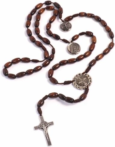 Wooden Rosary for Praying of brown wooden rice shape beads, Saint Benedict junction and Crucifix. in Saudi Arabia