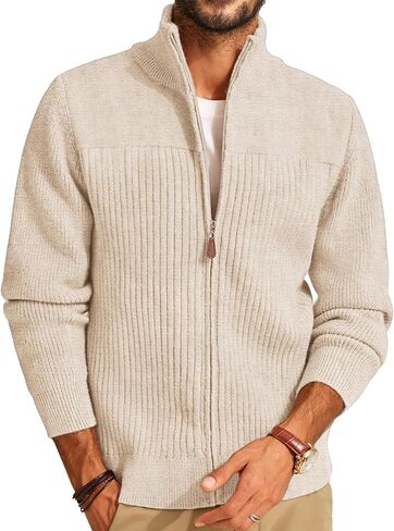 PJ PAUL JONES Men's Full Zipper Cardigan Casual Stand Collar Cardigan Sweater Ribbed Knit Long Sleeve Sweater in Kuwait