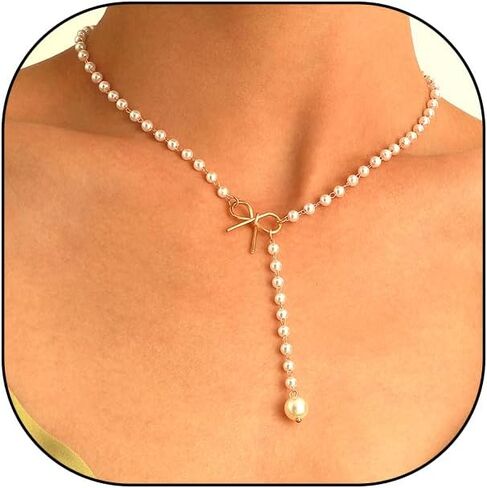 Vintage Pearl Bow Long Y Necklace, Simple Gold Round Beaded Tassel Necklace, Boho Adjustable Patchwork Jewelry Gift for Women in Saudi Arabia