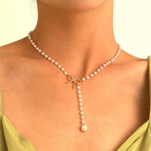 Vintage Pearl Bow Long Y Necklace, Simple Gold Round Beaded Tassel Necklace, Boho Adjustable Patchwork Jewelry Gift for Women in Saudi Arabia