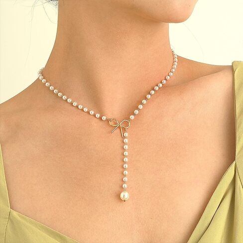 Vintage Pearl Bow Long Y Necklace, Simple Gold Round Beaded Tassel Necklace, Boho Adjustable Patchwork Jewelry Gift for Women in Saudi Arabia