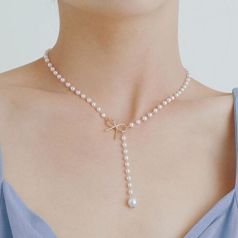 Vintage Pearl Bow Long Y Necklace, Simple Gold Round Beaded Tassel Necklace, Boho Adjustable Patchwork Jewelry Gift for Women in Saudi Arabia