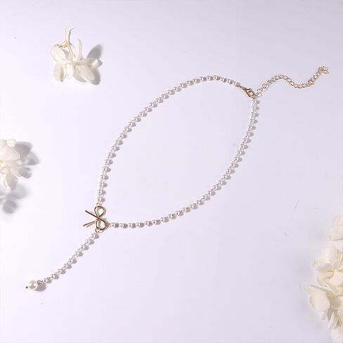 Vintage Pearl Bow Long Y Necklace, Simple Gold Round Beaded Tassel Necklace, Boho Adjustable Patchwork Jewelry Gift for Women in Saudi Arabia