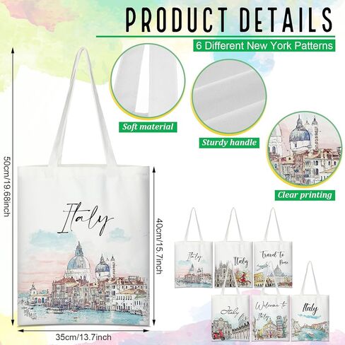 Paterr 6 Pcs Italy Watercolor Canvas Tote Bags Travel Souvenir Gifts Beach Bag for Women Men Travelers in Saudi Arabia