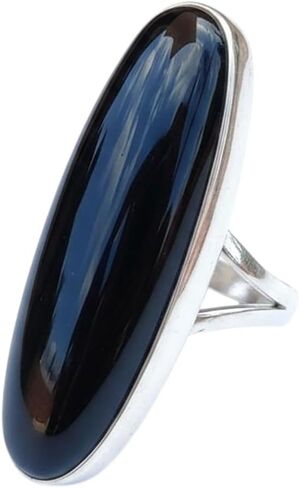Sterling Silver Plated Black Onyx Ring for Women – Long Oval Gemstone Statement Ring – Handmade Adjustable Boho Jewelry – Natural Onyx Fashion Ring in Saudi Arabia