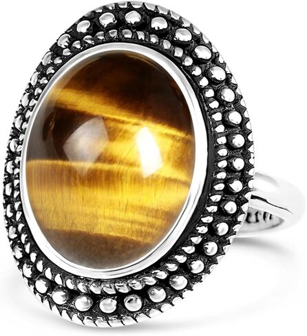 Retro Sterling Silver Natural Stone Boho Ring,Antique Vintage Oval Real Genuine Crystal Gemstone Bohemian Statement Ring Jewelry for Women Her in Saudi Arabia