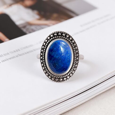 Retro Sterling Silver Natural Stone Boho Ring,Antique Vintage Oval Real Genuine Crystal Gemstone Bohemian Statement Ring Jewelry for Women Her in Saudi Arabia