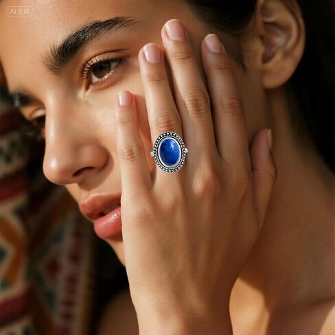 Retro Sterling Silver Natural Stone Boho Ring,Antique Vintage Oval Real Genuine Crystal Gemstone Bohemian Statement Ring Jewelry for Women Her in Saudi Arabia
