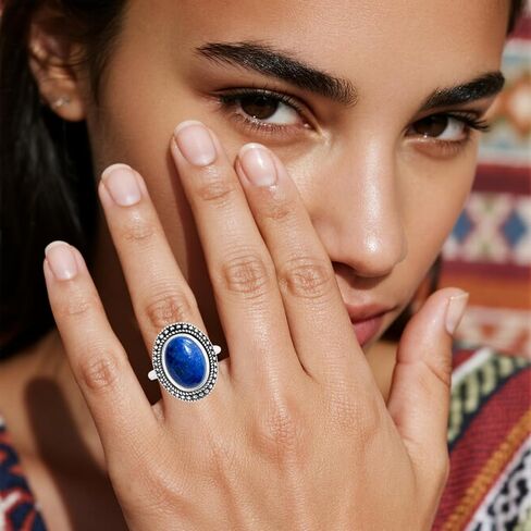 Retro Sterling Silver Natural Stone Boho Ring,Antique Vintage Oval Real Genuine Crystal Gemstone Bohemian Statement Ring Jewelry for Women Her in Saudi Arabia