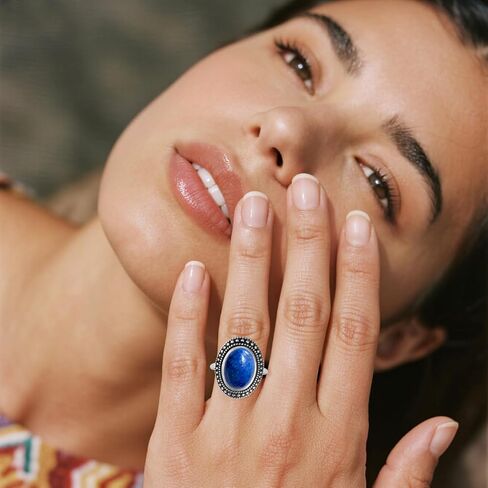 Retro Sterling Silver Natural Stone Boho Ring,Antique Vintage Oval Real Genuine Crystal Gemstone Bohemian Statement Ring Jewelry for Women Her in Saudi Arabia