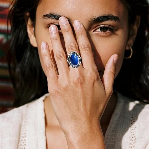 Retro Sterling Silver Natural Stone Boho Ring,Antique Vintage Oval Real Genuine Crystal Gemstone Bohemian Statement Ring Jewelry for Women Her in Saudi Arabia
