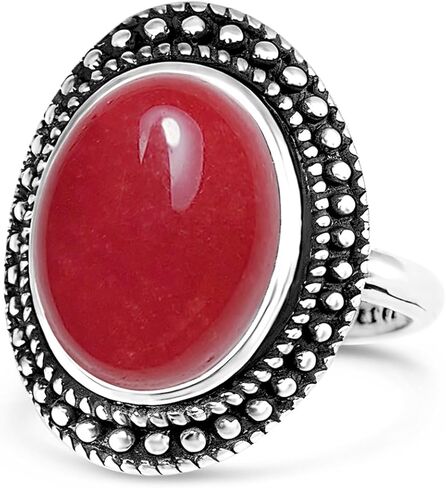 Retro Sterling Silver Natural Stone Boho Ring,Antique Vintage Oval Real Genuine Crystal Gemstone Bohemian Statement Ring Jewelry for Women Her in Saudi Arabia