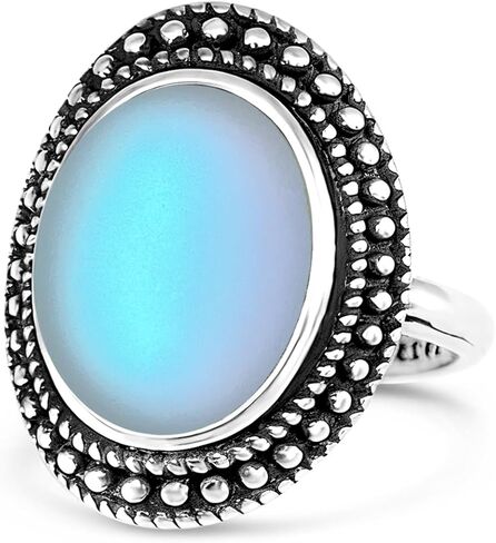 Retro Sterling Silver Natural Stone Boho Ring,Antique Vintage Oval Real Genuine Crystal Gemstone Bohemian Statement Ring Jewelry for Women Her in Saudi Arabia