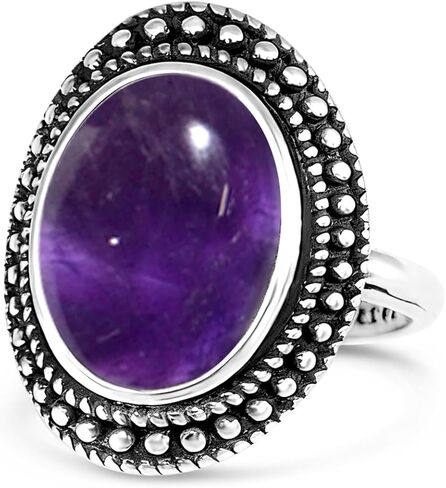 Retro Sterling Silver Natural Stone Boho Ring,Antique Vintage Oval Real Genuine Crystal Gemstone Bohemian Statement Ring Jewelry for Women Her in Saudi Arabia