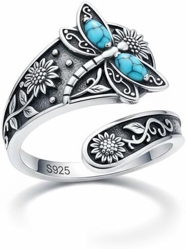 Women's Dragonfly Turquoise Ring, Sterling Silver Bohemian Adjustable Open Ring, Fashion Vintage Jewelry, Daily and Parties Wear, Romantic Gifts For Your Wife in Saudi Arabia