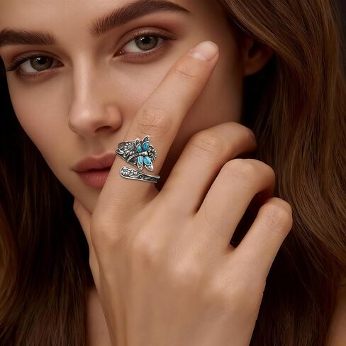Women's Dragonfly Turquoise Ring, Sterling Silver Bohemian Adjustable Open Ring, Fashion Vintage Jewelry, Daily and Parties Wear, Romantic Gifts For Your Wife in Saudi Arabia