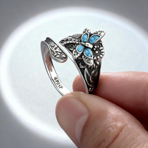 Women's Dragonfly Turquoise Ring, Sterling Silver Bohemian Adjustable Open Ring, Fashion Vintage Jewelry, Daily and Parties Wear, Romantic Gifts For Your Wife in Saudi Arabia