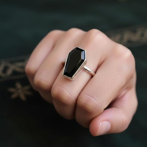 Sterling Silver Plated Black Onyx Ring for Women – Faceted Coffin-Cut Gemstone Ring – Gothic Minimalist Statement Jewelry – Handmade Fashion Ring – Gift for Her in Saudi Arabia